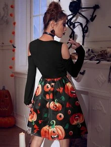 Halloween Print Cold Shoulder Dress - Multicolor - View 2