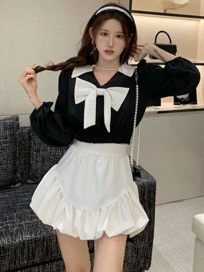 Honeyspot ブラウス コントラストカラー 蝶々結びフロント