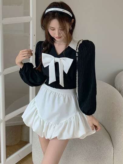 Honeyspot ブラウス コントラストカラー 蝶々結びフロント