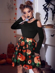 Halloween Print Cold Shoulder Dress - Multicolor - View 3