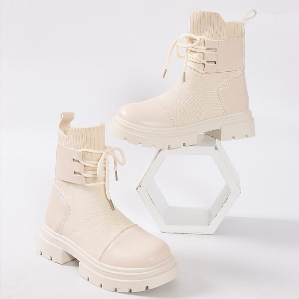 

Solid Lace Up Decor Slip-On Boots, Beige