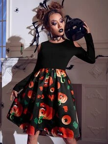 Halloween Print Cold Shoulder Dress - Multicolor - View 4