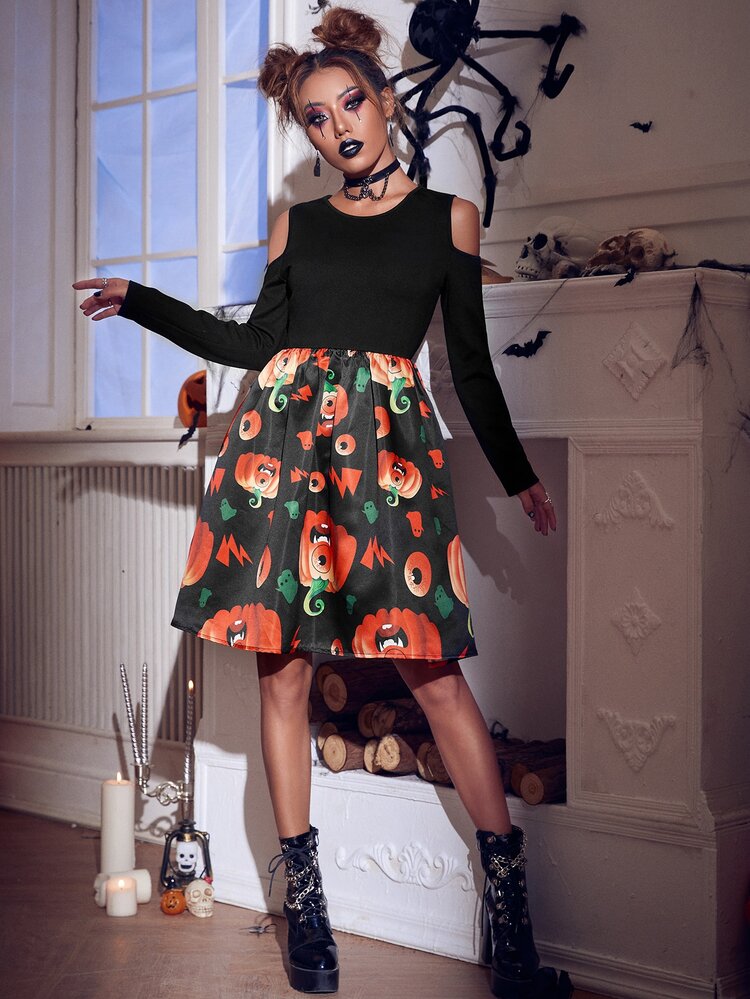 Halloween Print Cold Shoulder Dress - Multicolor - View 5