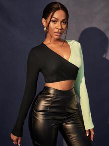 SHEIN BAE Camiseta corta de dos tonos cruzado - Multicolor - Ver 3