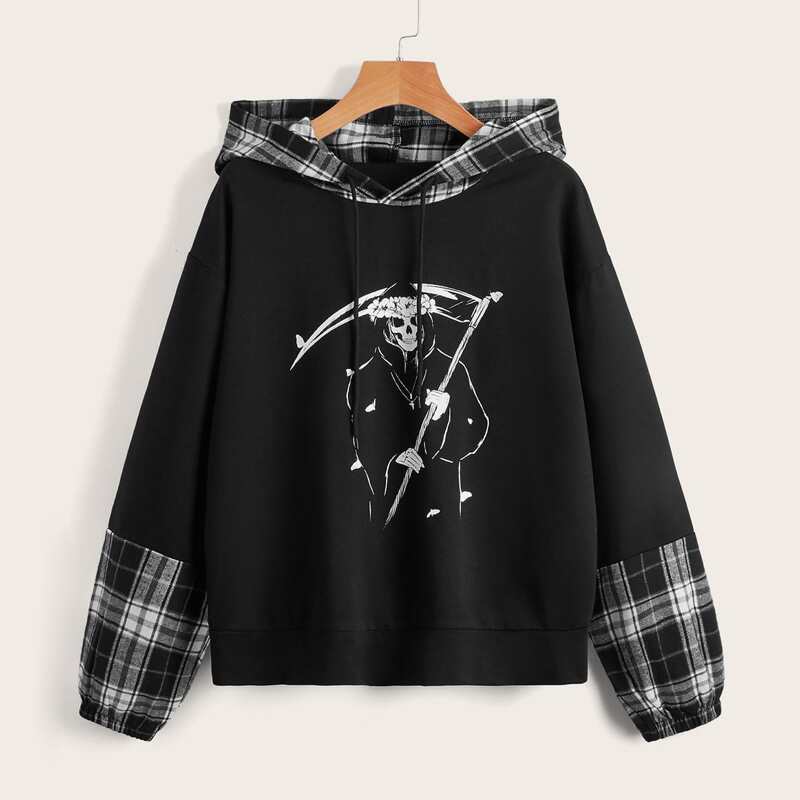 

Contrast Plaid Skull Graphic Drawstring Hoodie, Black