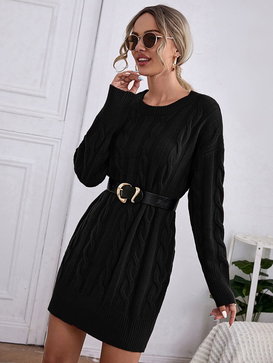 Cable Knit Drop Shoulder Jumper Dress Without Belt - Black - View 1
