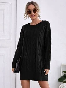 Cable Knit Drop Shoulder Jumper Dress Without Belt - Black - View 3