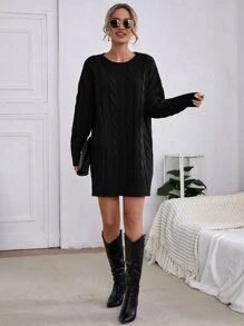 Cable Knit Drop Shoulder Jumper Dress Without Belt - Black - View 4