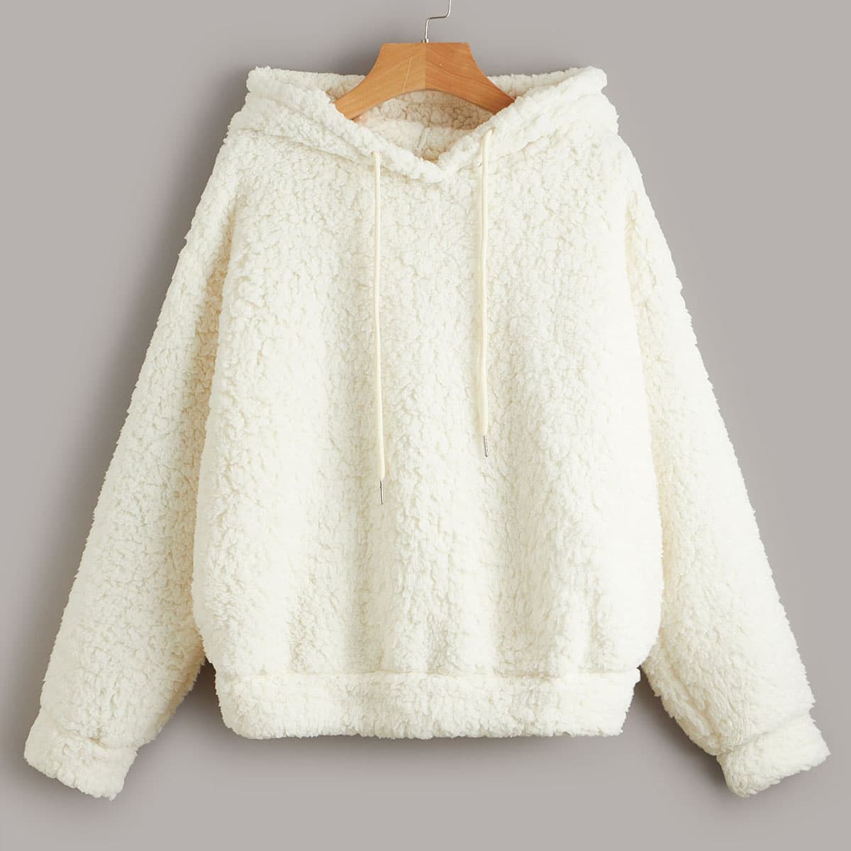 

Drop Shoulder Drawstring Teddy Hoodie, Beige