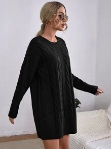 Cable Knit Drop Shoulder Jumper Dress Without Belt - Black - View 5