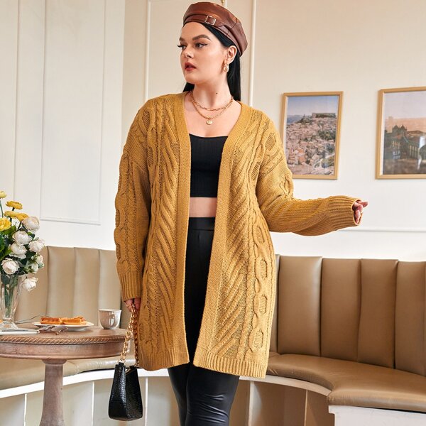 

Plus Cable Knit Drop Shoulder Cardigan, Ginger
