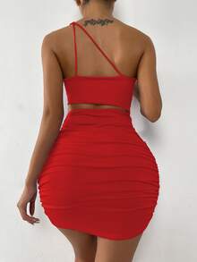 SHEIN SXY One Shoulder Cut Out Ruched Bodycon Dress - Red - View 2
