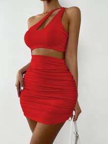 SHEIN SXY One Shoulder Cut Out Ruched Bodycon Dress - Red - View 3