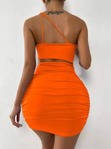 Chiquease Neon Orange One Shoulder Cut Out Ruched Bodycon Dress - Orange - View 2