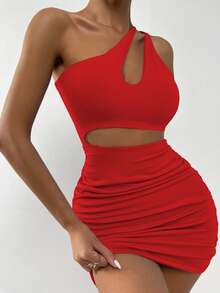 SHEIN SXY One Shoulder Cut Out Ruched Bodycon Dress - Red - View 5