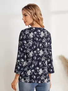 EMERY ROSE Áo sơ mi nữ mùa hè in hoa cổ chữ V tay 3/4 rộng rãi thường ngày Áo sơ mi nữ mùa thu Quần áo giáo viên Trang phục đi chơi, Áo dài tay - Nhiều màu - Xem 2