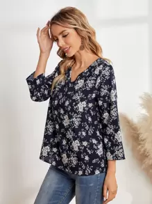 EMERY ROSE Áo sơ mi nữ mùa hè in hoa cổ chữ V tay 3/4 rộng rãi thường ngày Áo sơ mi nữ mùa thu Quần áo giáo viên Trang phục đi chơi, Áo dài tay - Nhiều màu - Xem 3