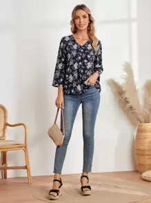 EMERY ROSE Áo sơ mi nữ mùa hè in hoa cổ chữ V tay 3/4 rộng rãi thường ngày Áo sơ mi nữ mùa thu Quần áo giáo viên Trang phục đi chơi, Áo dài tay - Nhiều màu - Xem 4