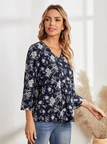 EMERY ROSE Áo sơ mi nữ mùa hè in hoa cổ chữ V tay 3/4 rộng rãi thường ngày Áo sơ mi nữ mùa thu Quần áo giáo viên Trang phục đi chơi, Áo dài tay - Nhiều màu - Xem 5