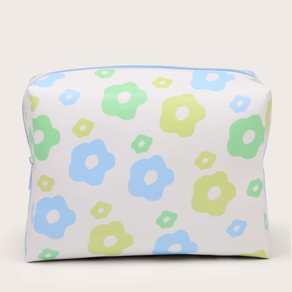 

Floral Pattern Zippered Makeup Bag, White
