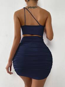 SHEIN SXY 單肩鏤空褶邊緊身連衣裙 - 藏蓝色 - 查看 2