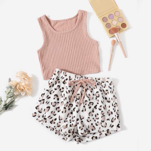 

Ribbed Knit Tank Top & Leopard Pattern Knot Front Coral Fleece Shorts Lounge Set, Multicolor