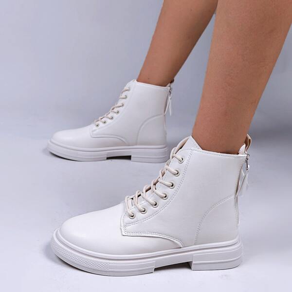 

Minimalist Back Zipper Lace Up Decor Combat Boots, Beige