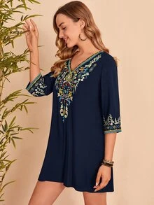 SHEIN V-neck Embroidery Detail Dress - Multicolor - View 4