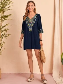 SHEIN V-neck Embroidery Detail Dress - Multicolor - View 5