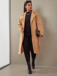 大碼素色西裝領腰帶花呢外套 - 駝色 - 查看 1