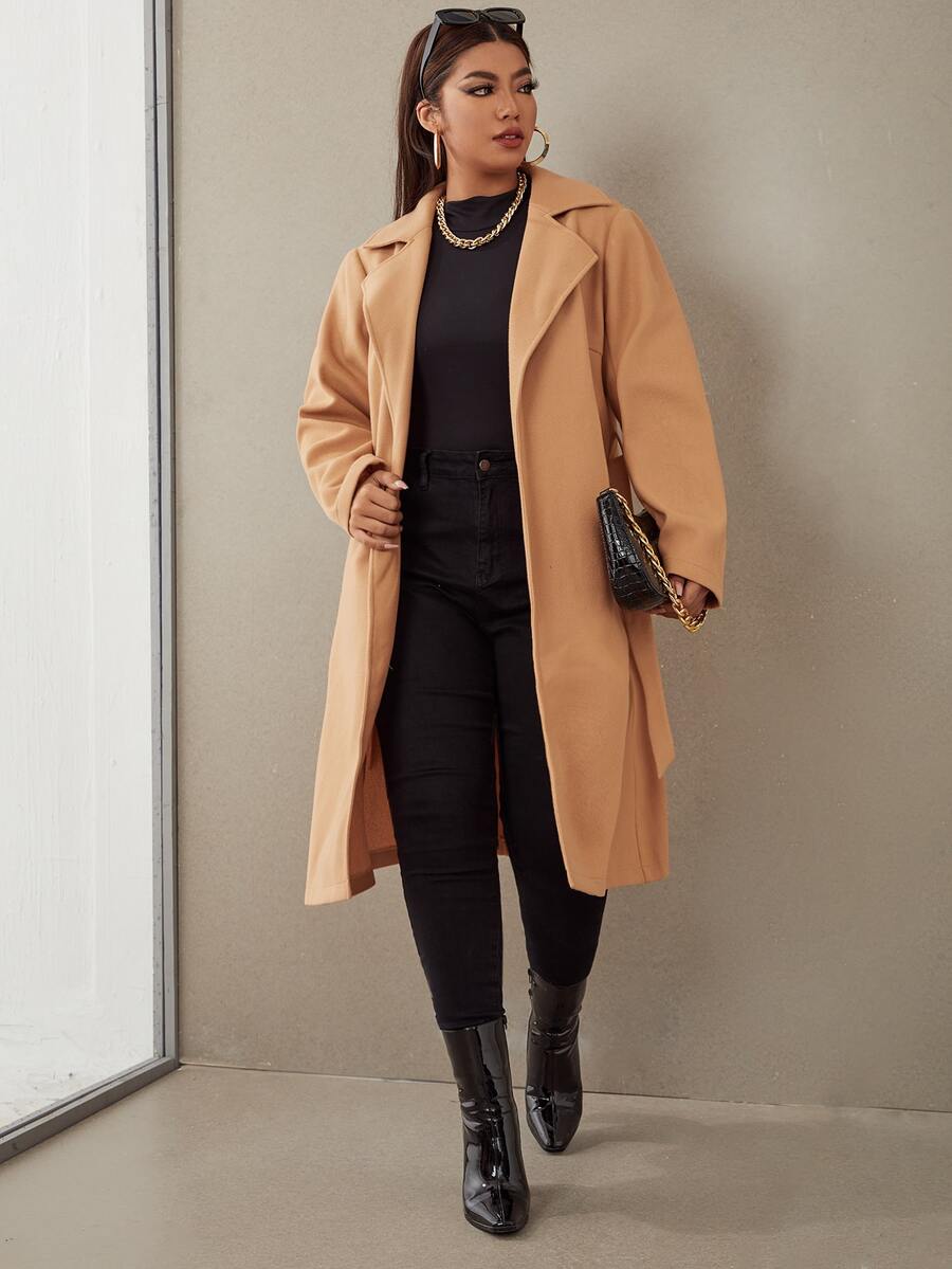 大碼素色西裝領腰帶花呢外套 - 駝色 - 查看 1