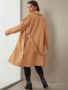 大碼素色西裝領腰帶花呢外套 - 駝色 - 查看 2