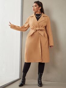 大碼素色西裝領腰帶花呢外套 - 駝色 - 查看 3
