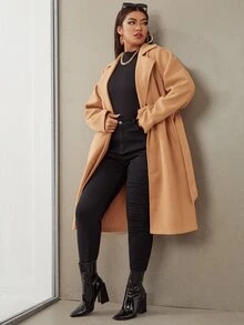 大碼素色西裝領腰帶花呢外套 - 駝色 - 查看 4