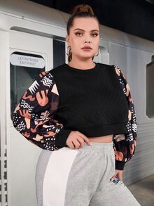 SHEIN 大碼幾何印花燈籠袖短款套頭衫 - 黑色 - 查看 2