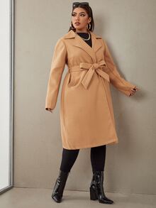 大碼素色西裝領腰帶花呢外套 - 駝色 - 查看 5