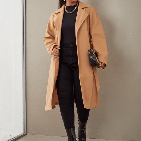

Plus Solid Lapel Neck Belted Overcoat, Camel
