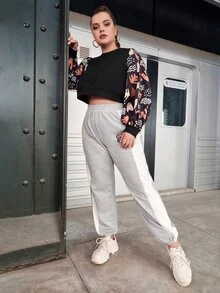 SHEIN 大碼幾何印花燈籠袖短款套頭衫 - 黑色 - 查看 4