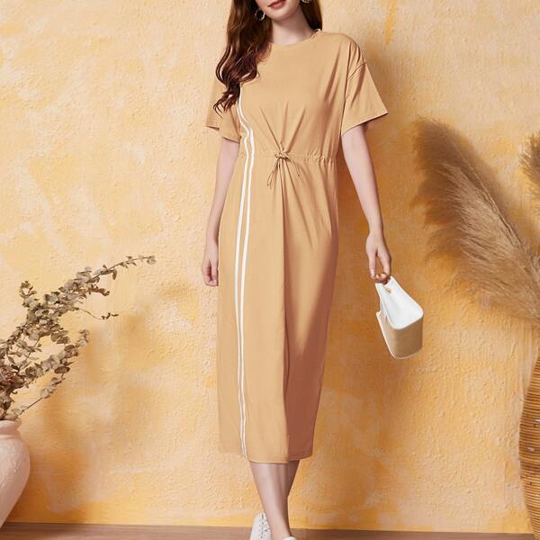 

Striped Tape Front Drawstring Waist Dress, Apricot