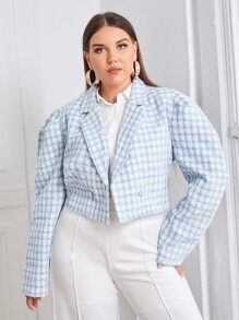 SHEIN Privé Plus Plaid Puff Sleeve Crop Overcoat - Blue and White - View 1