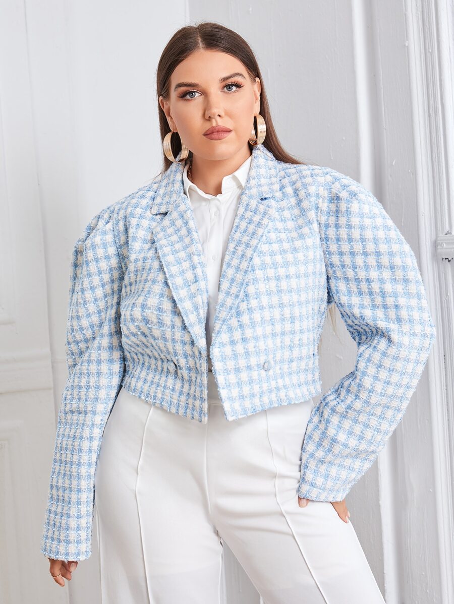 SHEIN Privé Plus Plaid Puff Sleeve Crop Overcoat - Blue and White - View 1