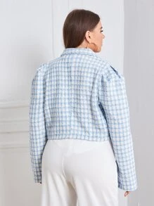 SHEIN Privé Plus Plaid Puff Sleeve Crop Overcoat - Blue and White - View 2