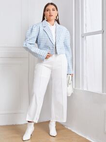 SHEIN Privé Plus Plaid Puff Sleeve Crop Overcoat - Blue and White - View 3