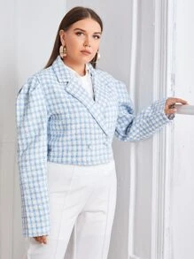 SHEIN Privé Plus Plaid Puff Sleeve Crop Overcoat - Blue and White - View 4