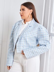 SHEIN Privé Plus Plaid Puff Sleeve Crop Overcoat - Blue and White - View 5