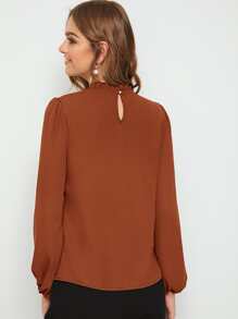 SHEIN Clasi Frill Neck Lantern Sleeve Top - Rust Brown - View 2