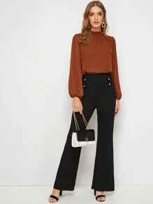 SHEIN Clasi Frill Neck Lantern Sleeve Top - Rust Brown - View 3