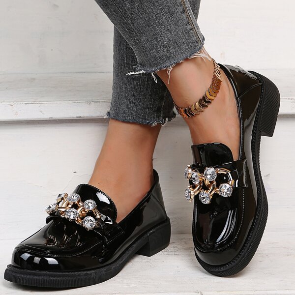 

Rhinestone & Chain Decor Loafers, Black