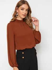 SHEIN Clasi Frill Neck Lantern Sleeve Top - Rust Brown - View 5