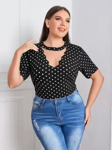 Áo sơ mi Plus Size Cắt ra Chấm bi Giải trí - màu đen - Xem 1